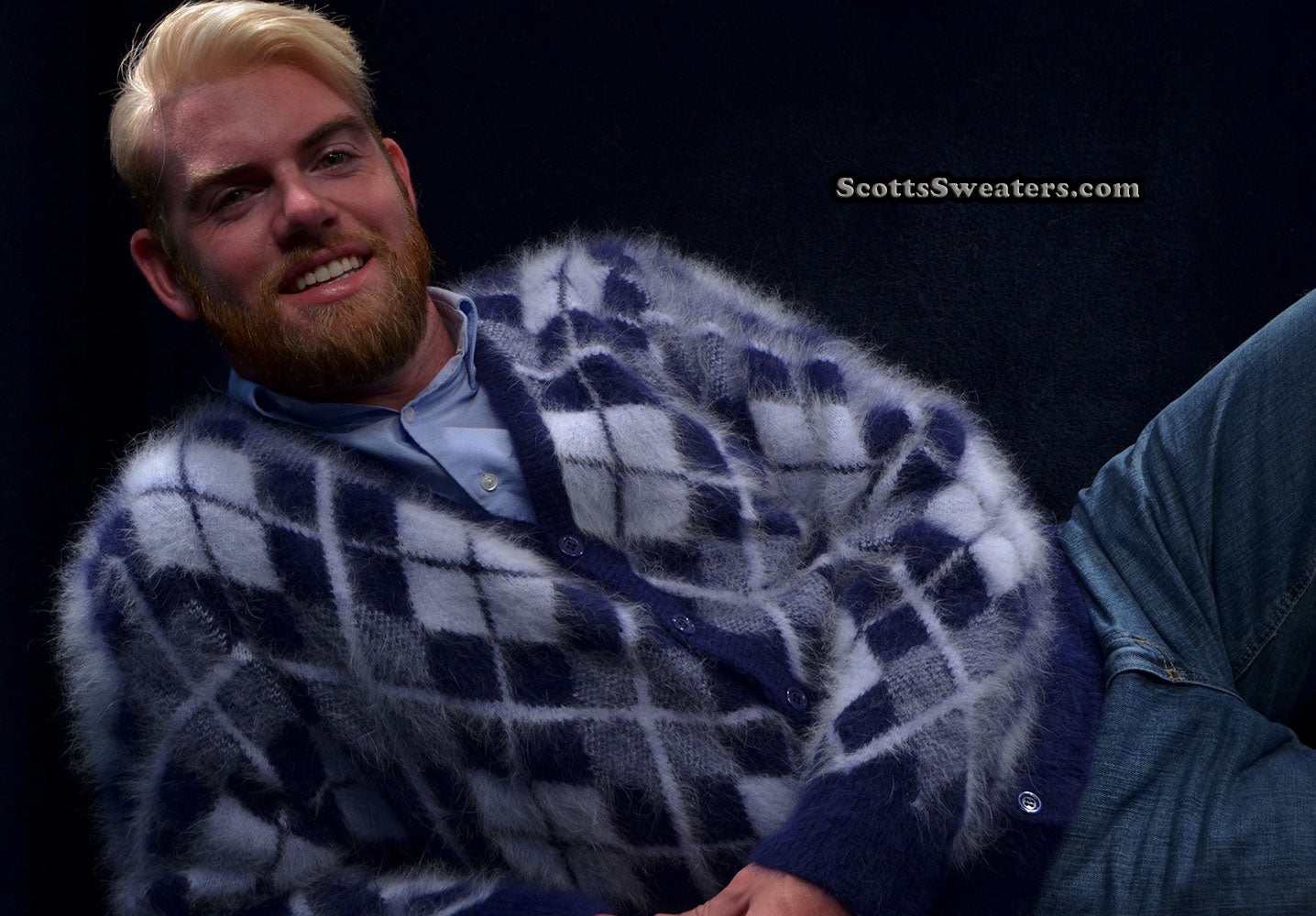 Men's argyle angora cardigan sweater in navy and white three-tone pattern, ultra-soft and warm with double-thickness knit.