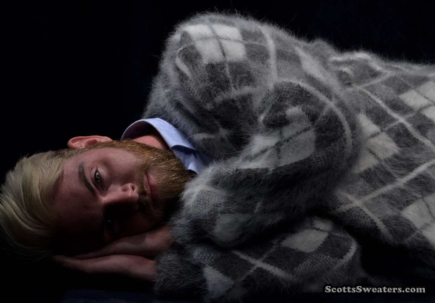 Men's argyle angora cardigan sweater in soft gray with three-tone diamond pattern and double-thick knit for warmth