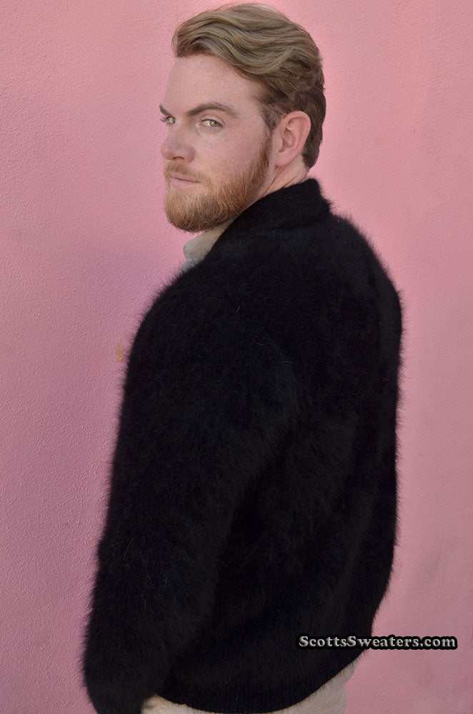Men's solid-color angora cardigan sweater in black with ultra-soft texture and shawl-neck collar