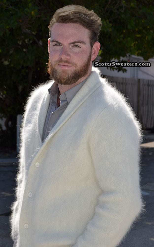 Men's solid-color angora cardigan sweater with shawl-neck collar in soft white knit