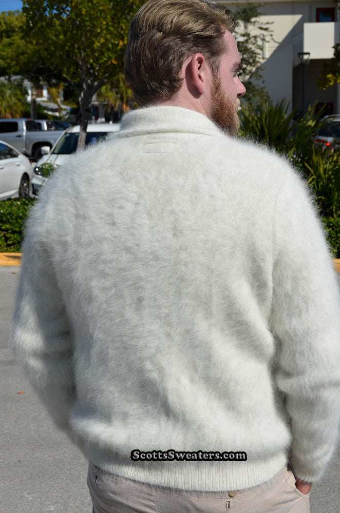 men's solid-color angora cardigan sweater with shawl-neck collar, ultra-soft double-thickness knit for warmth, shown in white color from the back