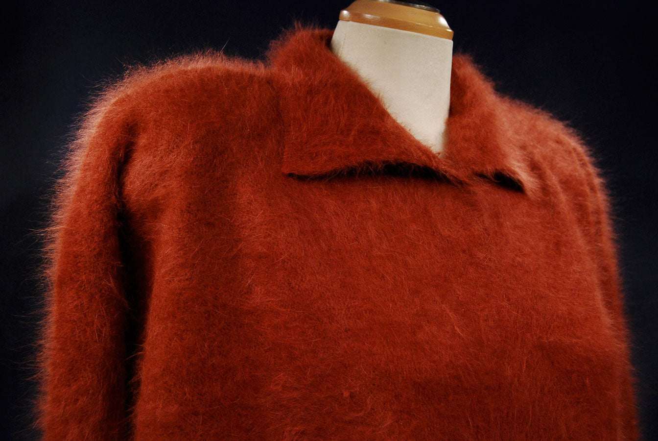 Women's angora polo-neck sweater in rust color, soft and fuzzy pullover knitwear