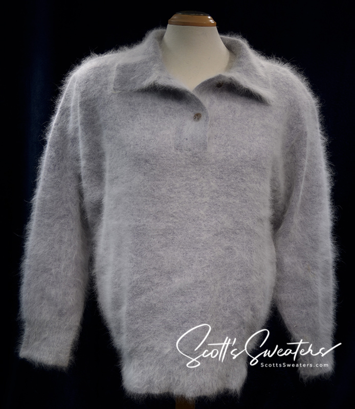 Woman's angora polo-neck sweater in grey, soft and fluffy angora pullover with collar and long sleeves