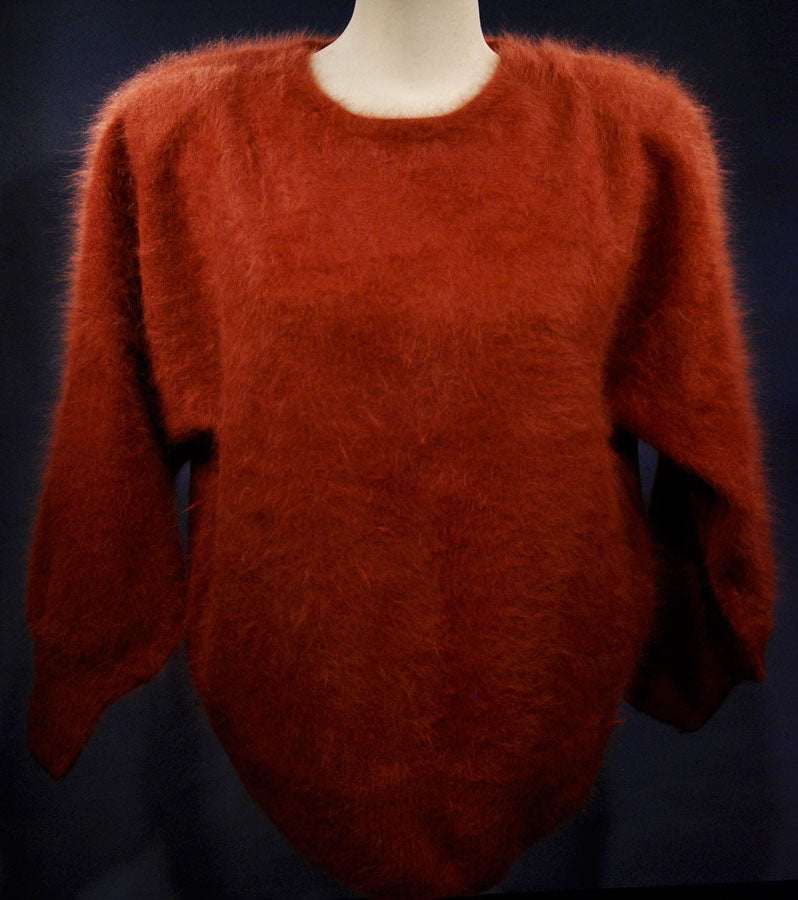 Brick-red woman's angora jewel-neck sweater in small/medium size by Connie A Lee