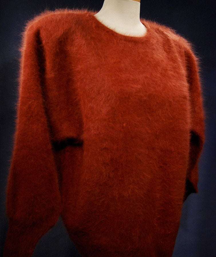 Brick-red woman's angora jewel-neck sweater by Connie A Lee in small/medium size