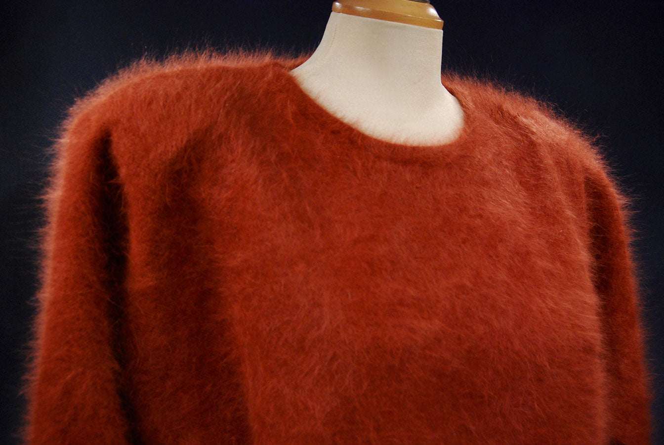 Brick-red woman's angora jewel-neck sweater by Connie A Lee in small/medium size
