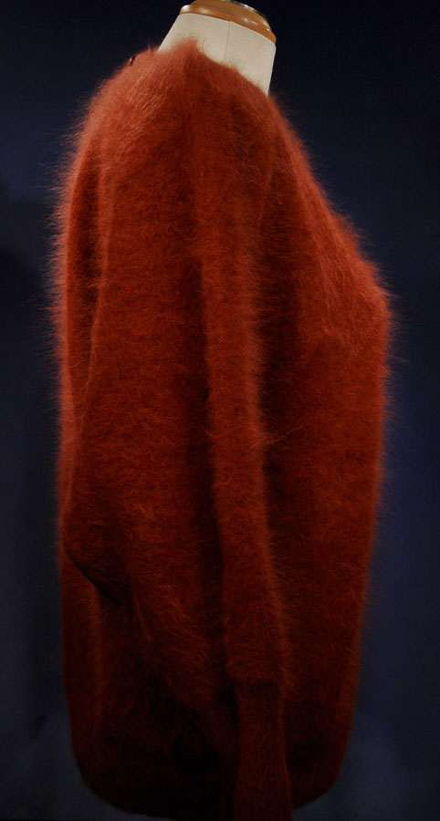 Brick-red woman's angora jewel-neck sweater by Connie A Lee in small/medium size