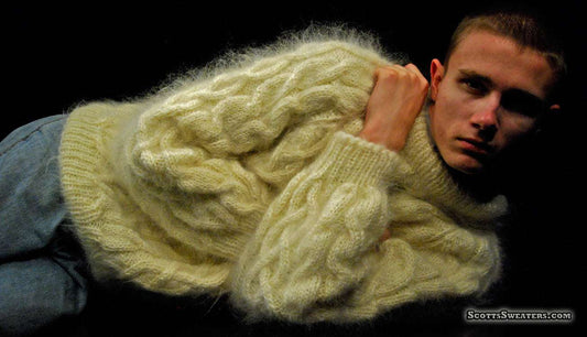 Men's handknit thick cabled mohair sweater in camel color with crewneck design