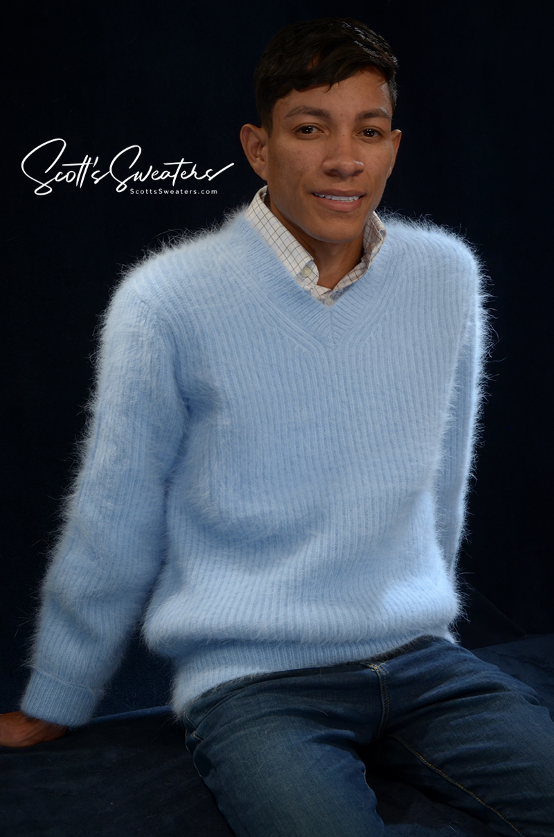 Men's soft luxurious light blue angora sweater with V-neck and rib-knit design