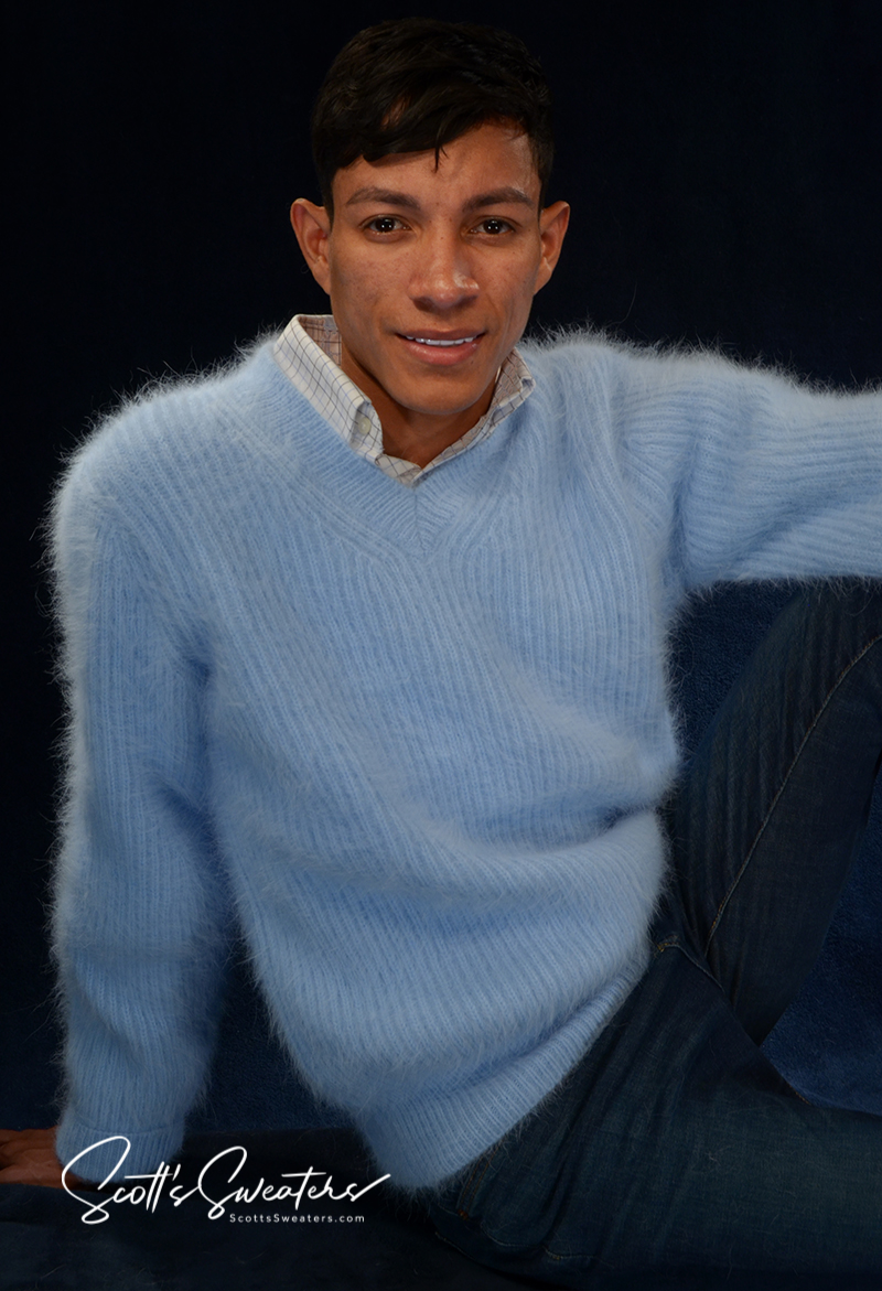 Men's soft luxurious light blue angora sweater with rib-knit and V-neck design