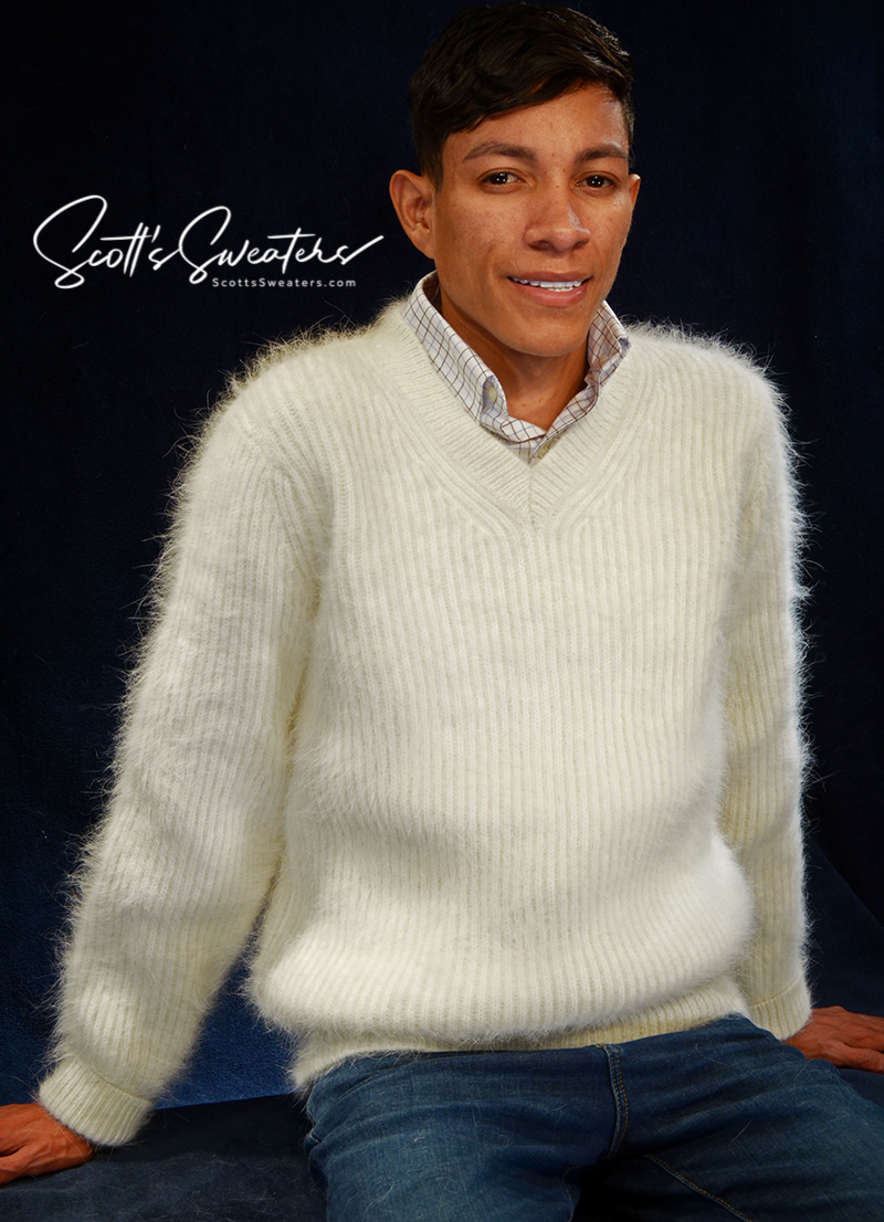 Men's soft luxurious white angora sweater with rib-knit design and V-neck worn by model