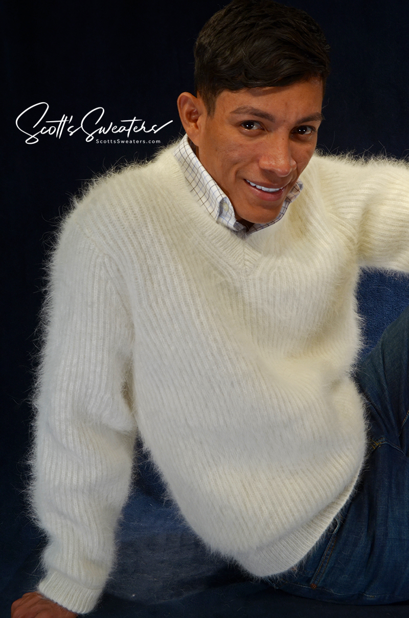 Men's soft luxurious white angora sweater with rib-knit and V-neck design worn by model
