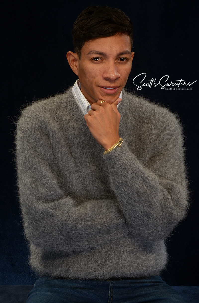 Men's soft luxurious gray angora sweater with rib-knit design and V-neck worn by model