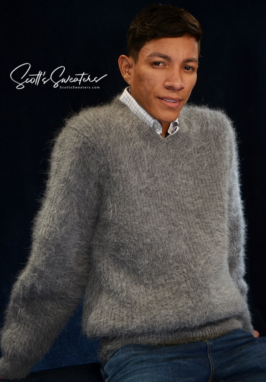Men's soft luxurious angora sweater in gray with rib-knit design and V-neck style