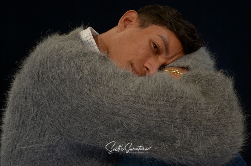 men's soft luxurious gray angora sweater with rib-knit design and V-neck style