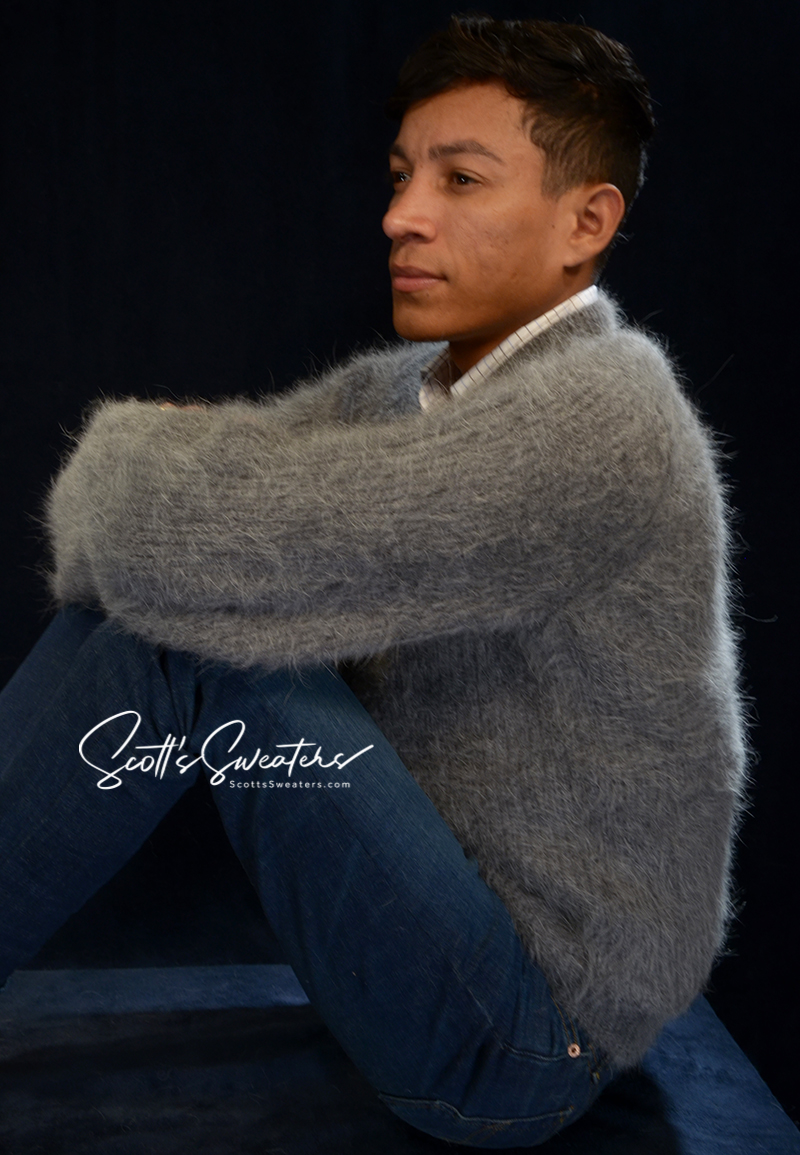 Men's soft luxurious angora sweater with rib-knit design and V-neck in gray