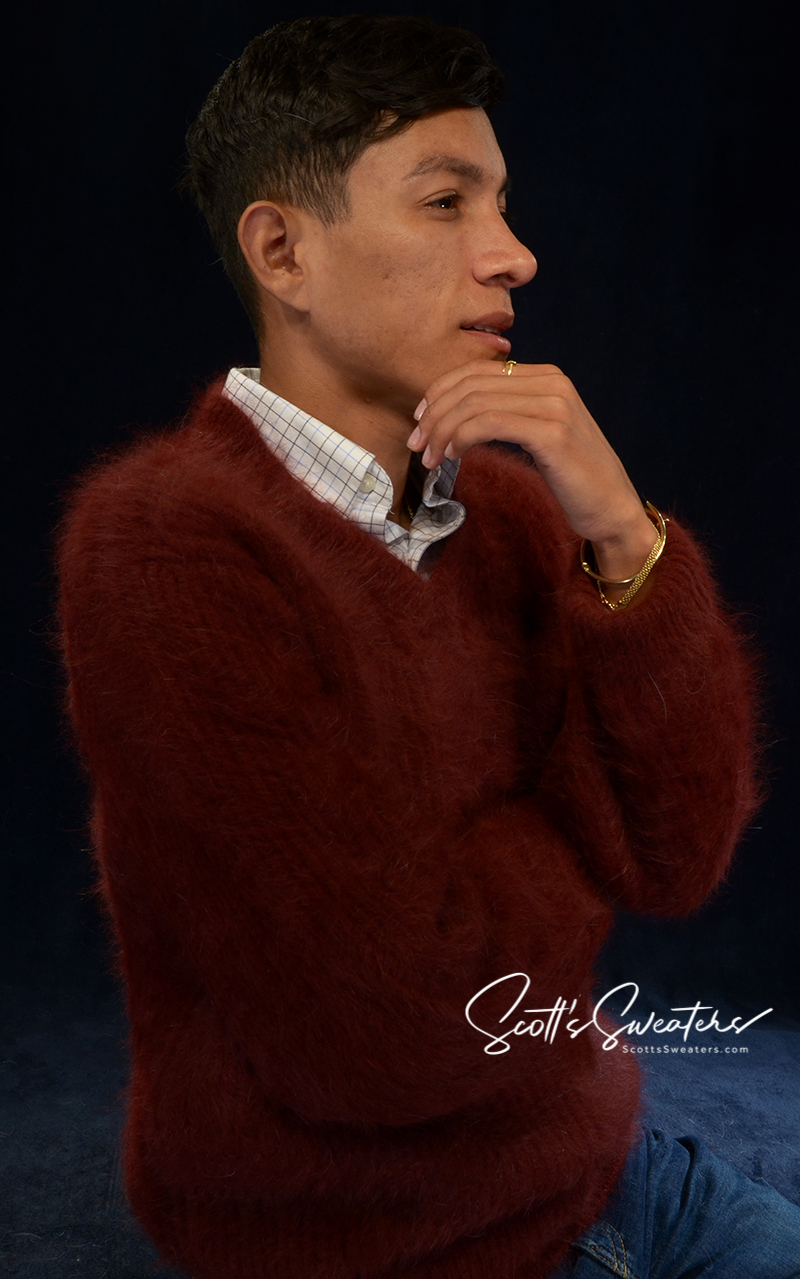 Men's soft luxurious angora sweater in rich brown with rib-knit design and V-neck collar