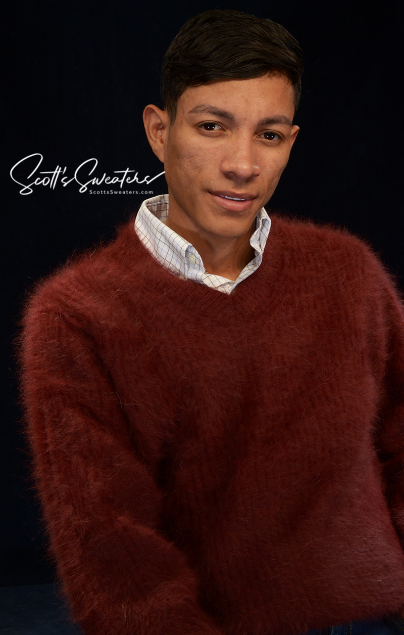 Men's soft luxurious angora sweater in rich brown with rib-knit design and V-neck collar