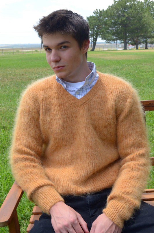 Men's shaggy mohair V-neck pullover sweater in blue, gold, and black colors
