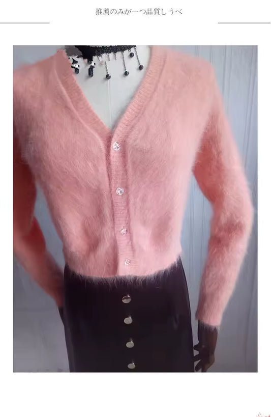 Woman's light short-style pink angora cardigan sweater small medium