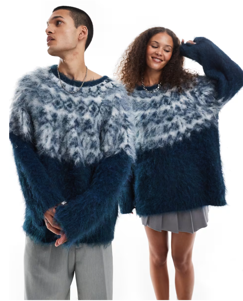 mens fuzzy sweater Unisex crewneck mohair sweater with slouchy fit and Icelandic style yoke design in fuzzy brown and cream colors