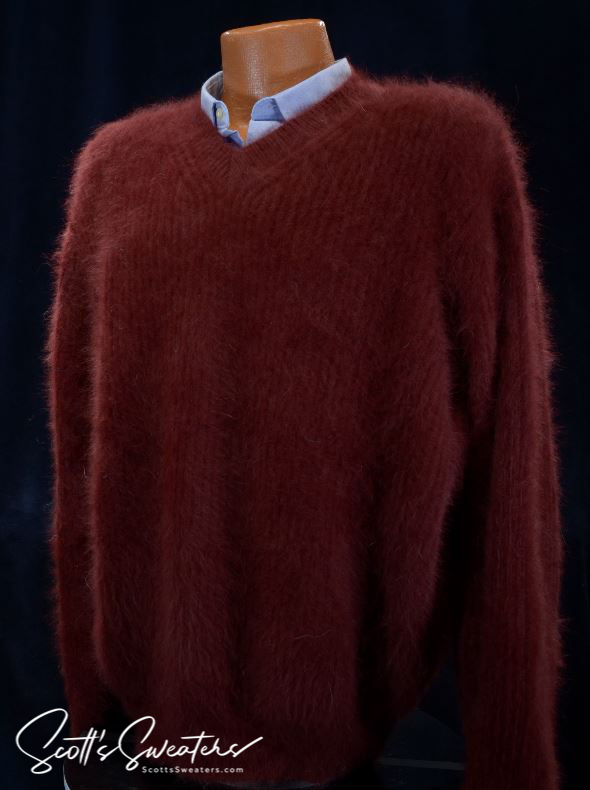 Men's soft luxurious angora sweater in rich brown with rib-knit design and V-neck collar displayed on mannequin