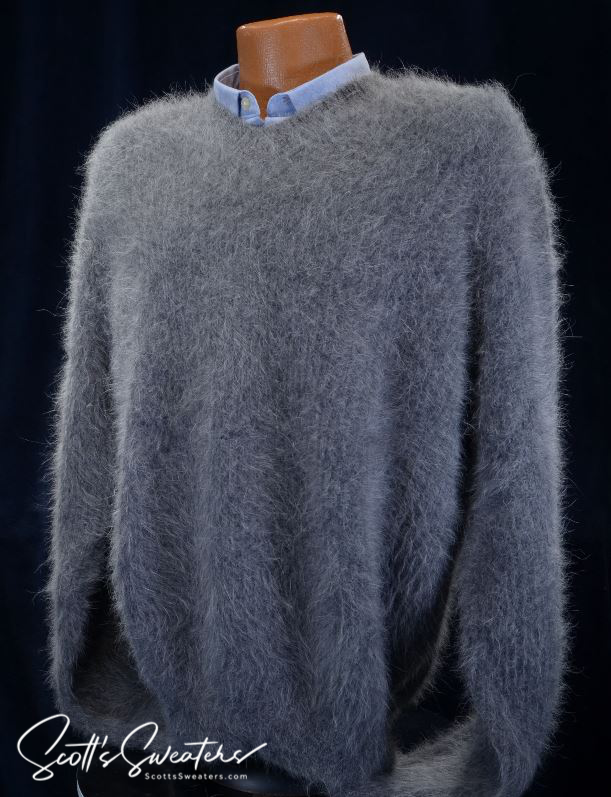 Men's soft luxurious gray angora sweater with rib-knit design and close-cut V-neck on mannequin