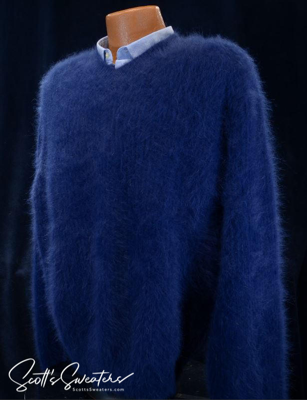 Men's soft luxurious blue angora sweater with rib-knit V-neck design displayed on mannequin