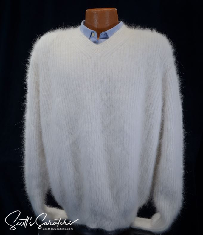 Men's soft luxurious white angora rib-knit V-neck sweater on mannequin