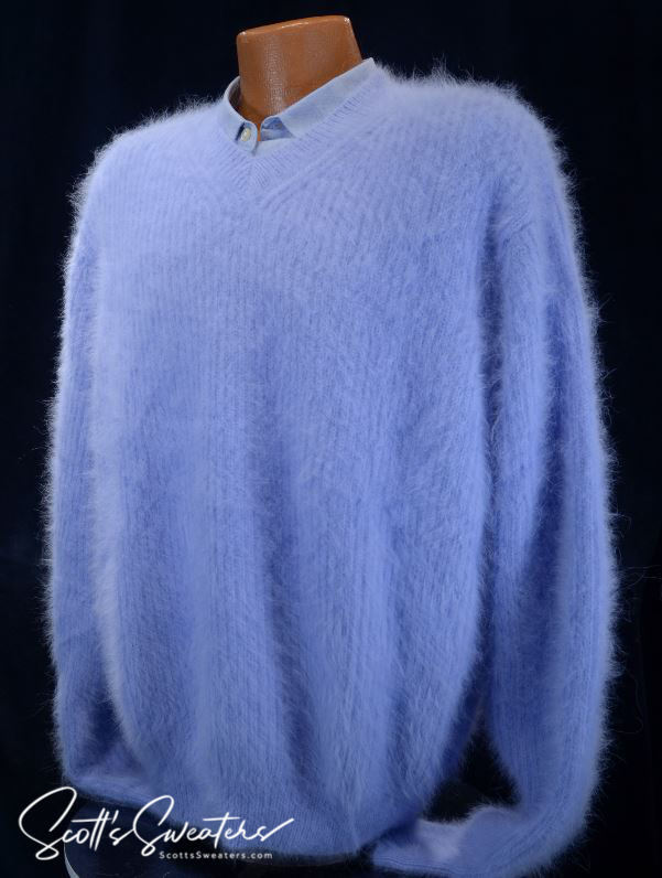 Men's soft luxurious light blue angora rib-knit V-neck sweater displayed on mannequin