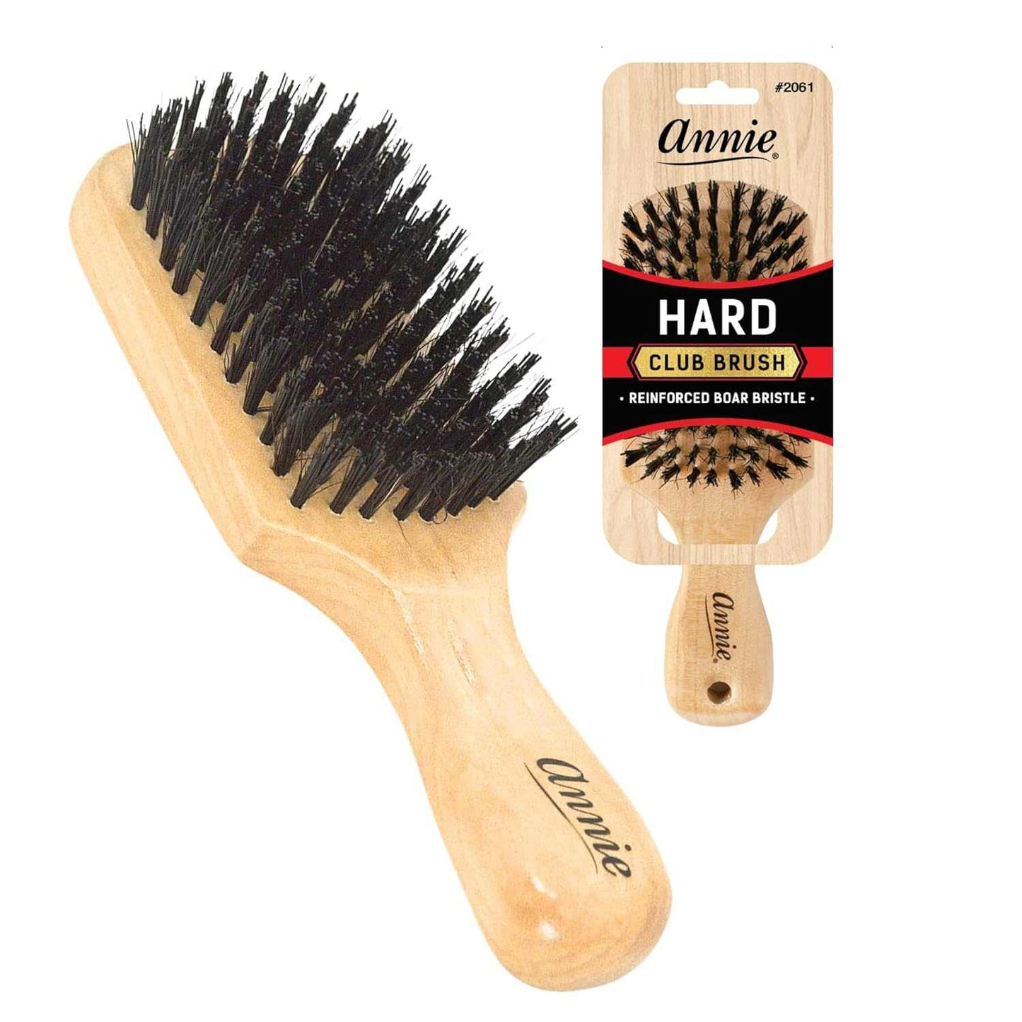 Sweater brush with polished wooden handle and reinforced stiff boar bristles for removing pills and knots from mohair and angora sweaters.