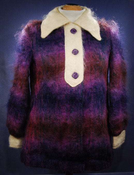 Girl's colorful vintage brushed Scottish mohair coat with cream collar and buttons, size 14