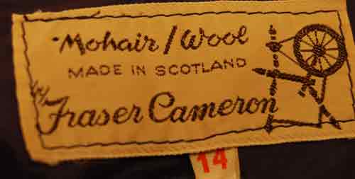 Label of Fraser Cameron Girl's Colorful Vintage Mohair Wool Coat made in Scotland, size 14