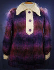 Girl's colorful vintage brushed Scottish mohair coat with cream collar and buttons, size 14