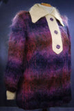Girl's colorful vintage fuzzy brushed Scottish mohair coat with cream collar and buttons, size 14