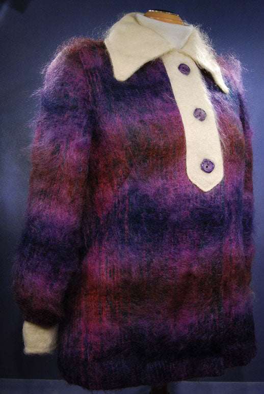 Girl's colorful vintage fuzzy brushed Scottish mohair coat with cream collar and buttons, size 14