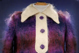 Girl's colorful vintage fuzzy brushed Scottish mohair coat with cream collar and purple buttons, size 14
