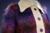 Girl's colorful vintage fuzzy brushed Scottish mohair coat with cream collar and purple buttons in size 14