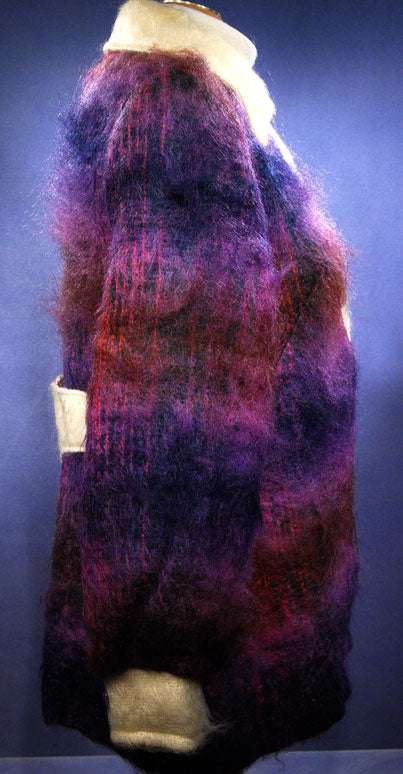 Girl's colorful vintage brushed mohair coat in purple and red tones, Scottish design, size 14