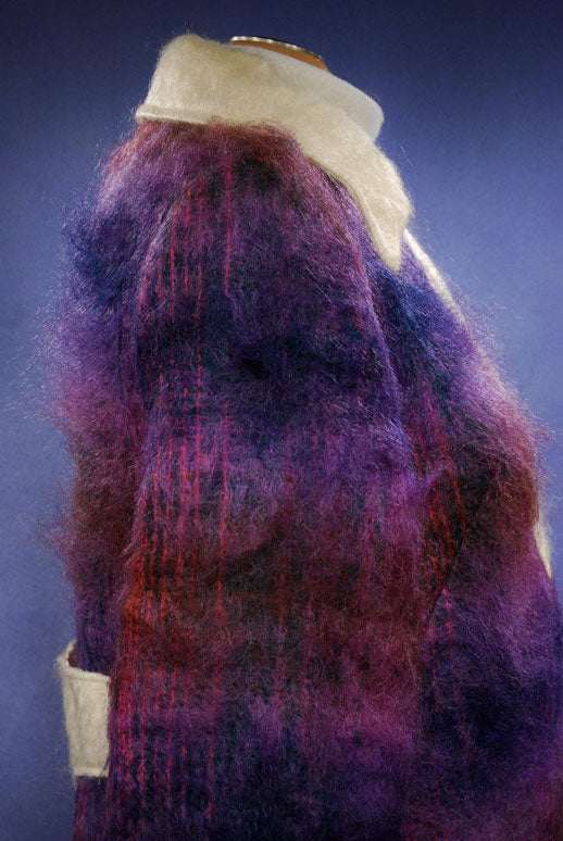 Girl's colorful vintage Scottish mohair coat in purple and red with cream collar and cuffs, size 14