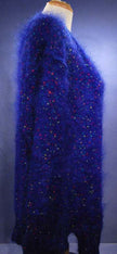 Woman's blue speckled mohair V-neck sweater with multicolor knit-in specks, fuzzy texture, small-medium size