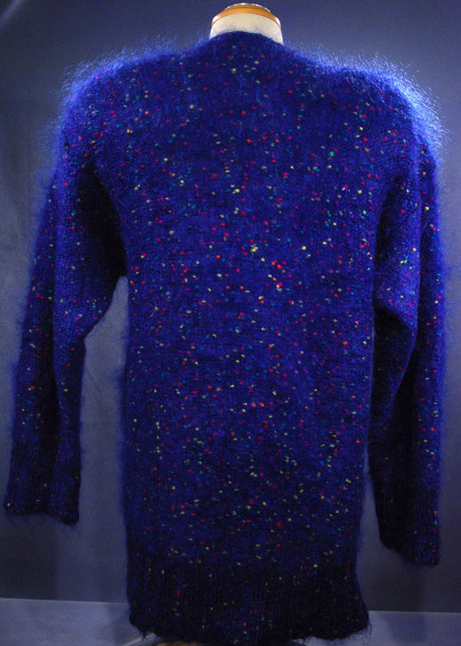 Blau gesprenkelter Mohair-Pullover mit V-Ausschnitt für Damen