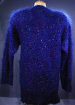 Woman's blue speckled mohair V-neck sweater with multicolor knit-in specks, fuzzy texture, small-medium size