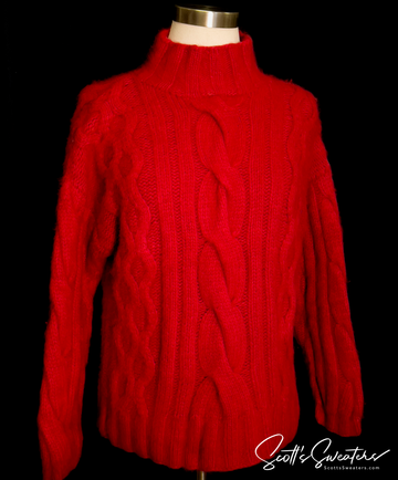 Red woman's cabled mock-turtleneck sweater made of angora, lambswool, and nylon blend