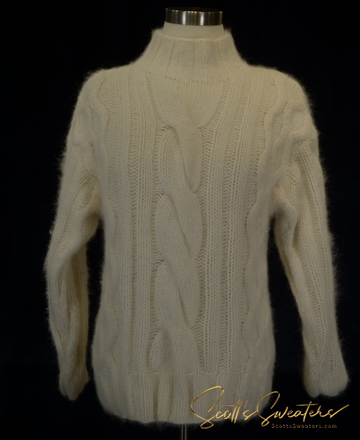 Woman's cabled mock-turtleneck sweater in soft angora and lambswool blend