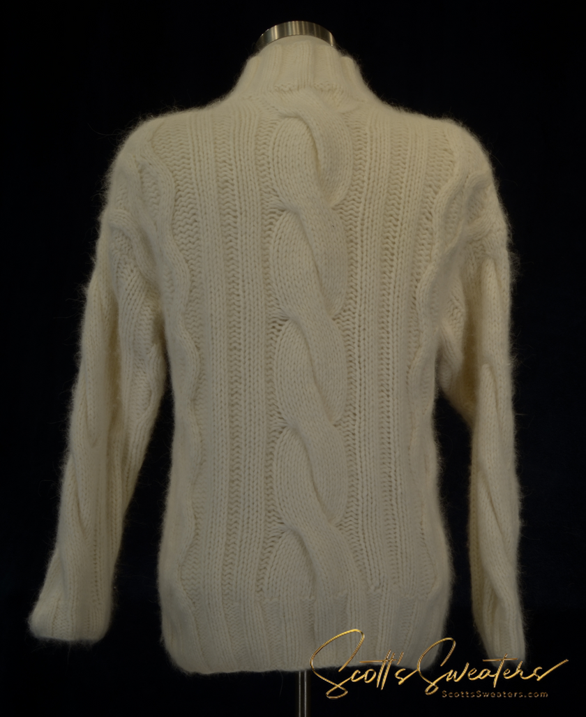 Woman's cabled mock-turtleneck sweater in soft angora and lambswool blend