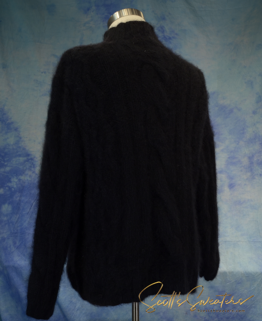 Black woman's cabled mock-turtleneck sweater made of angora and lambswool displayed on dress form