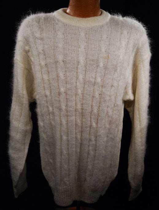 Men's white cableknit mohair crewneck sweater by Giorgio Laui large XL