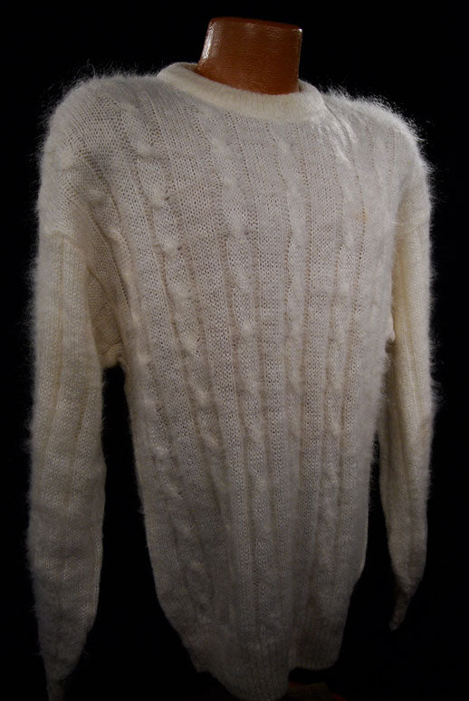 Men's White Cableknit Mohair Crewneck Sweater by Giorgio Laui