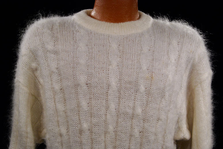 Men's White Cableknit Mohair Crewneck Sweater by Giorgio Laui